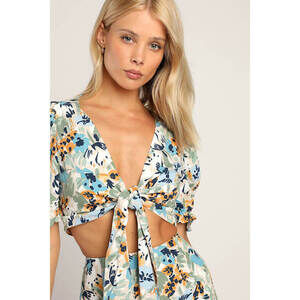 Lulus Blue, Beige, and White Multi Floral Puff Sleeve Tie-front Crop Top - XS